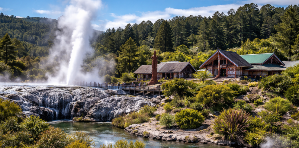 Pohutu Geyser erupting at Te Puia Geothermal Park in Rotorua, New Zealand with Māori architecture and lush forest backdrop.