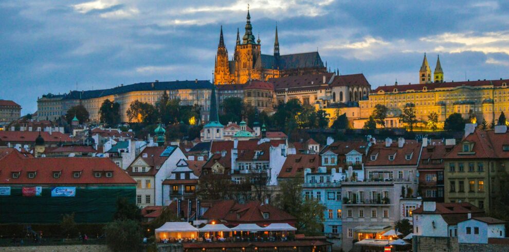 Historic Prague Castle complex overlooking the city of Prague, famous landmark in the Czech Republic.