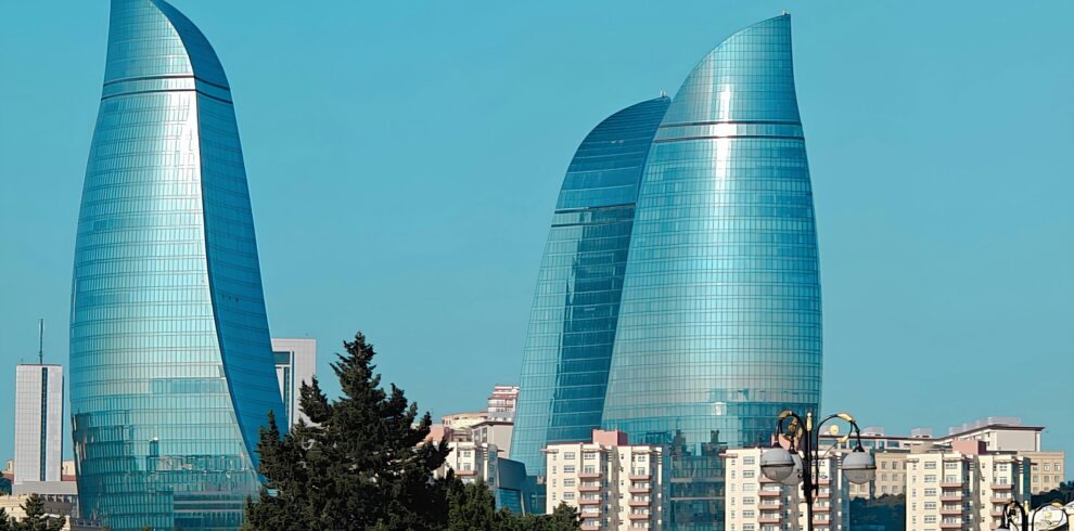 Modern Flame Towers skyscrapers dominating the skyline of Baku, Azerbaijan