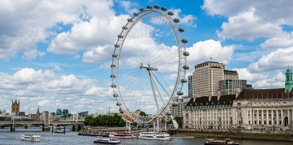 Iconic London Eye observation wheel on the River Thames in London.