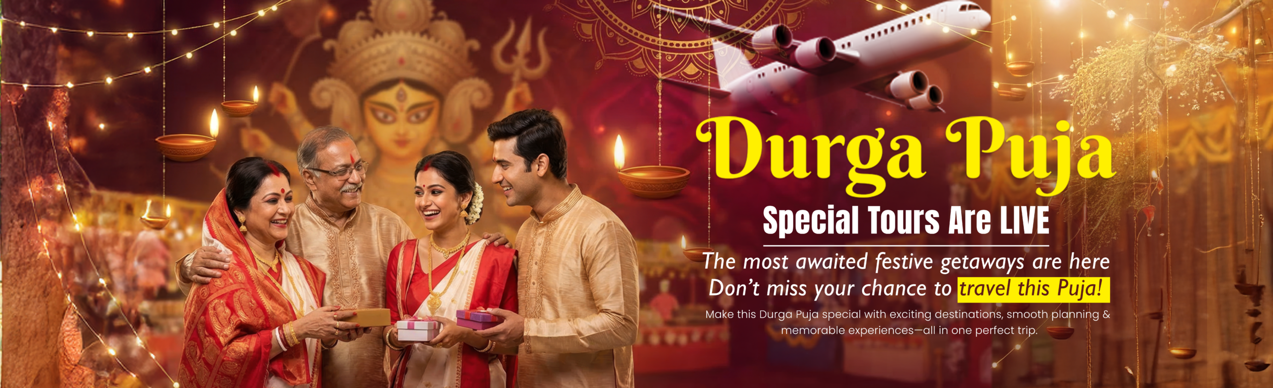 Durga Puja special tour packages banner featuring festive family celebrations and holiday travel experiences