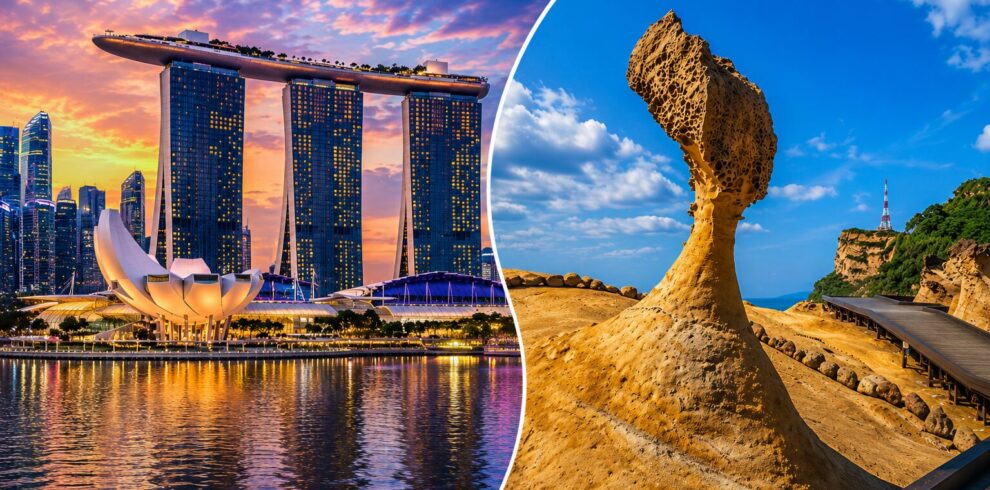 Singapore Marina Bay Sands and Taiwan Yehliu Geopark travel tour collage by Aviana Holidays