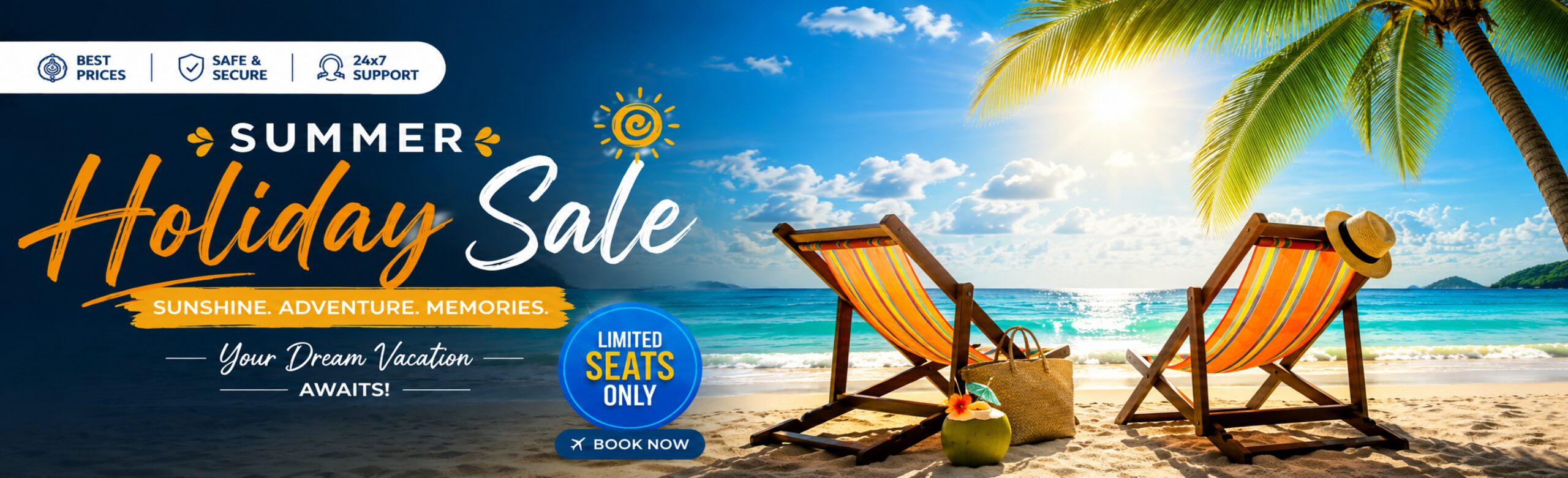Summer holiday beach tour packages banner with tropical vacation theme by Aviana Holidays