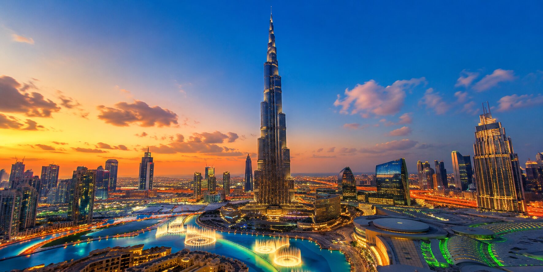 Burj Khalifa Dubai skyline at sunset with Downtown Dubai cityscape featured in Dubai Abu Dhabi tour package by Aviana Holidays