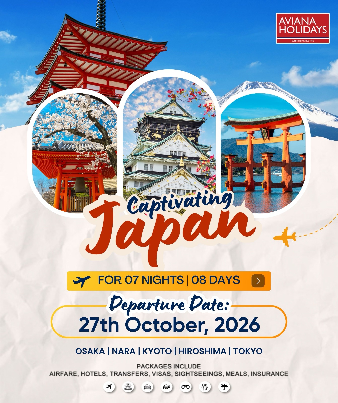 Captivating Japan tour featuring Mount Fuji, Osaka Castle, Hiroshima Torii Gate, Kyoto Temple, and cherry blossoms with Aviana Holidays