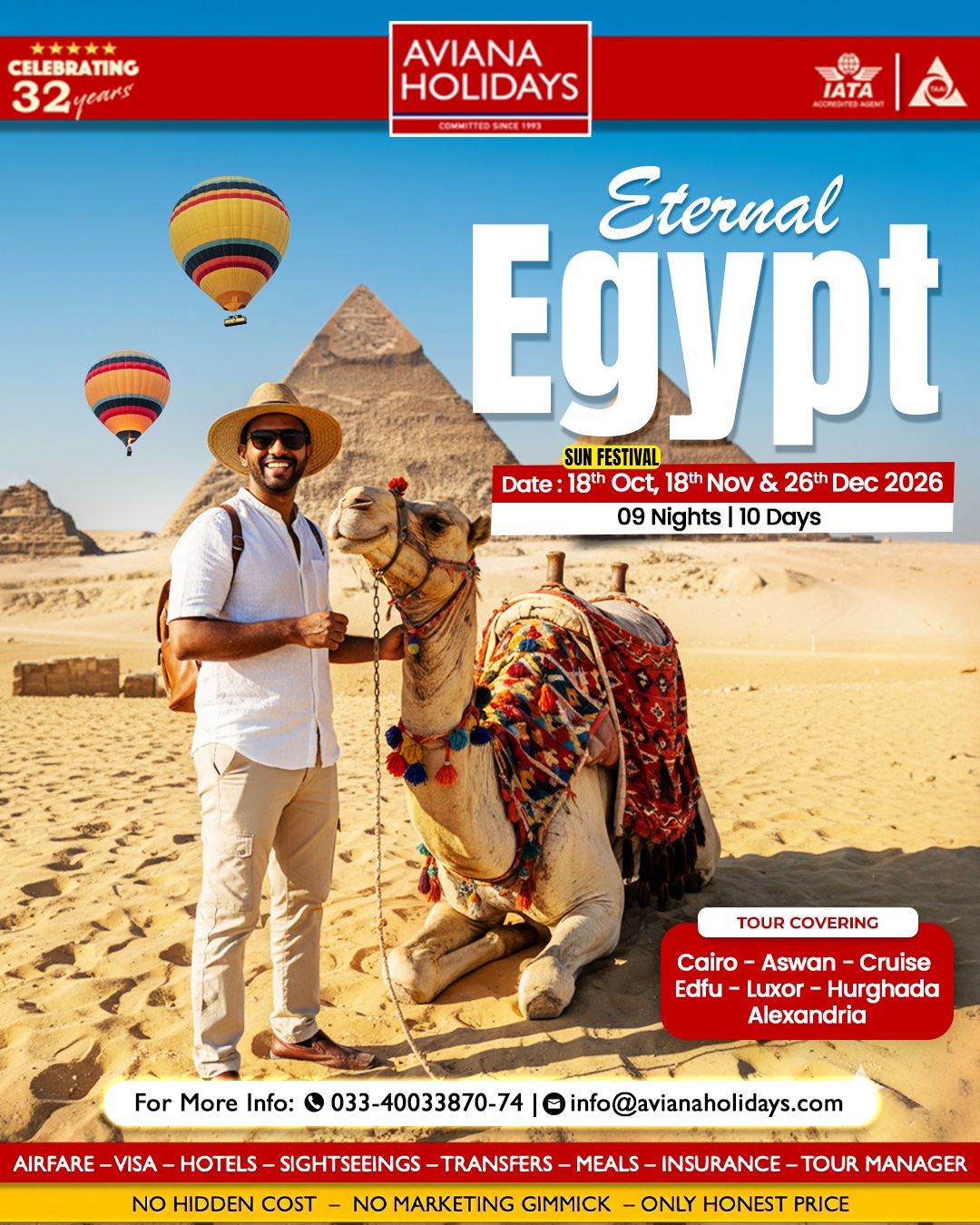 Eternal Egypt tour package featuring the Pyramids of Giza, camel ride, and hot air balloons with Aviana Holidays
