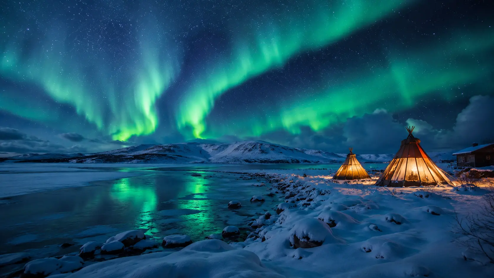 Northern Lights illuminate a traditional Sámi village with snow-covered landscapes and Arctic mountains in Murmansk, Russia, featured in the Aurora in Russia tour.