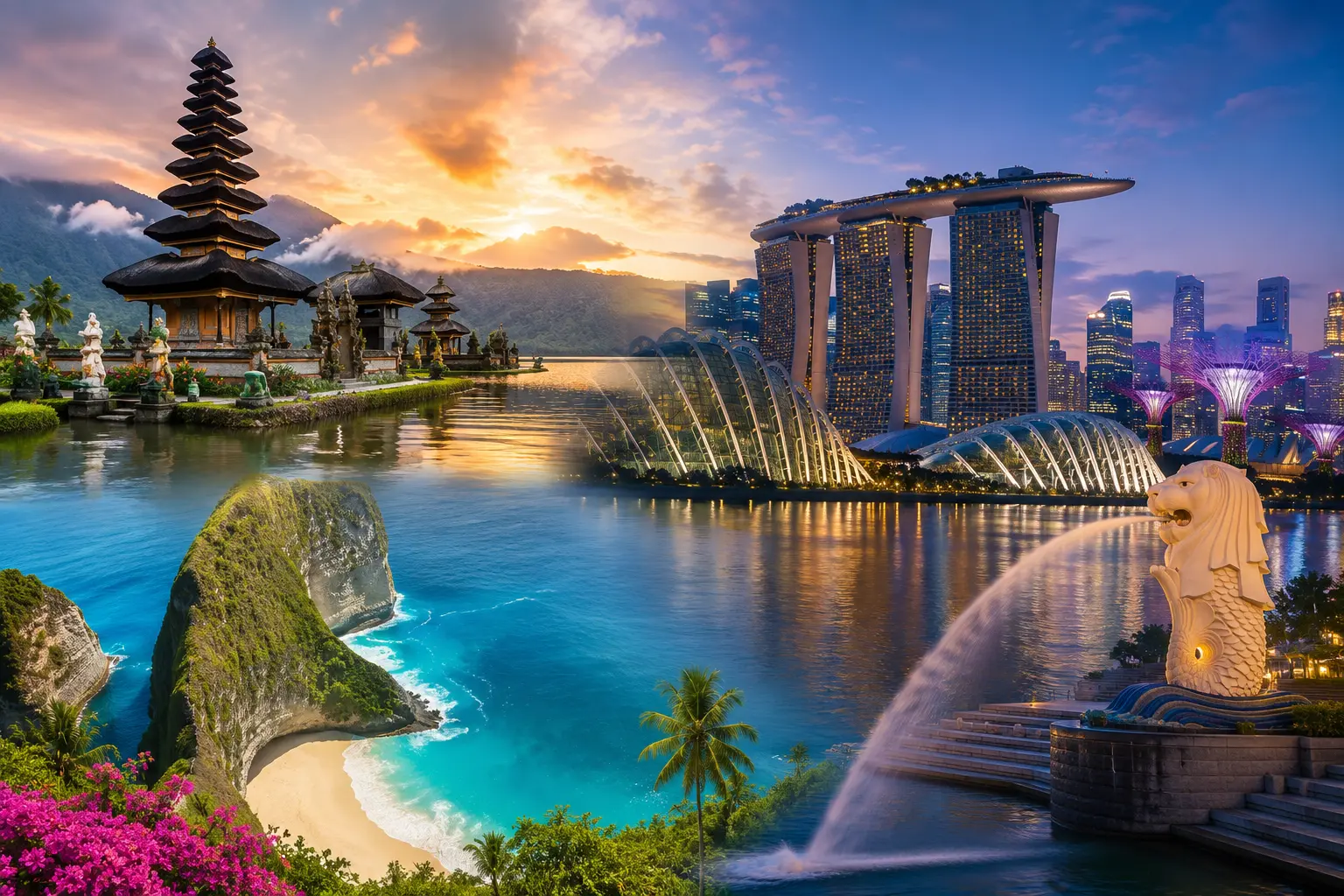 Bali's iconic Lempuyang Temple and Singapore's Marina Bay Sands skyline, showcasing the highlights of the Bali & Singapore tour by Aviana Holidays.