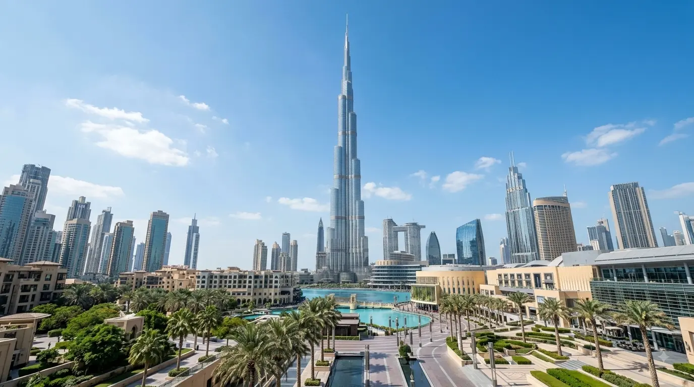 Burj Khalifa overlooking Dubai Fountain in Downtown Dubai
