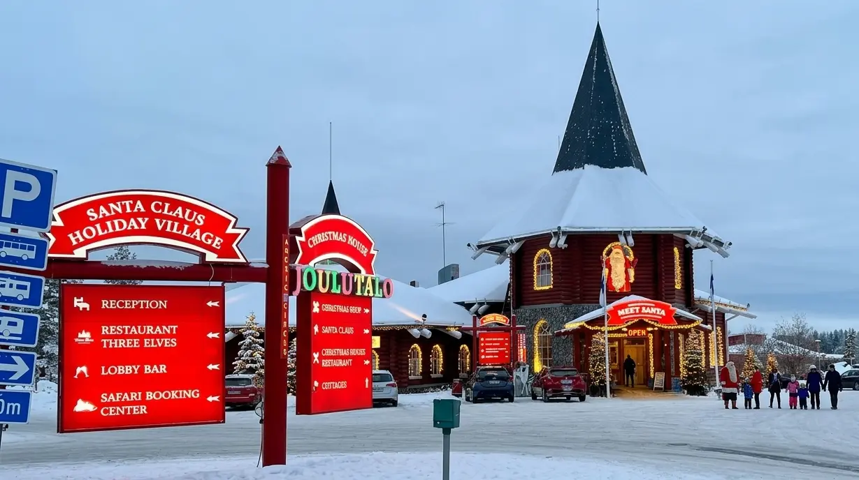Santa Claus Village in Rovaniemi, Finland, covered in snow during winter, featured in the Lavish Lapland Winter tour by Aviana Holidays