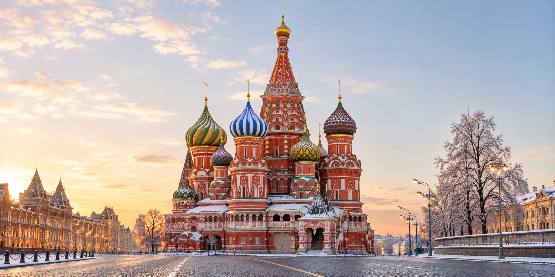St. Basil’s Cathedral in Moscow, Russia, with its colorful onion domes overlooking Red Square