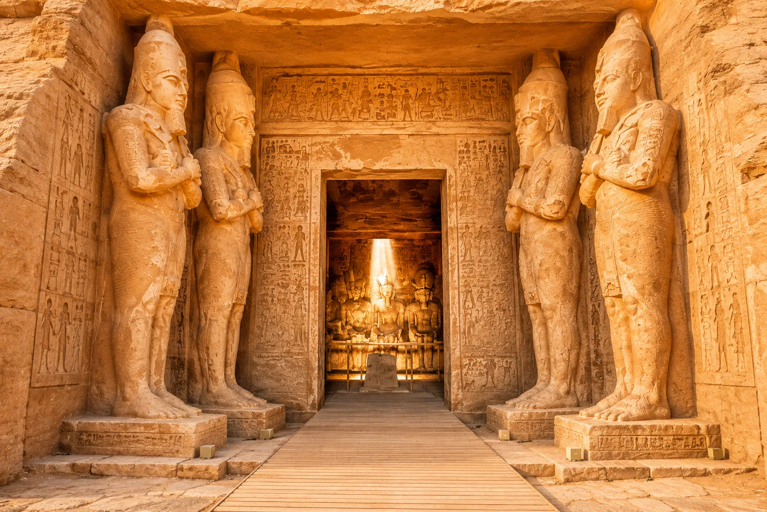Sunlit Abu Simbel temple interior with ancient Egyptian statues
