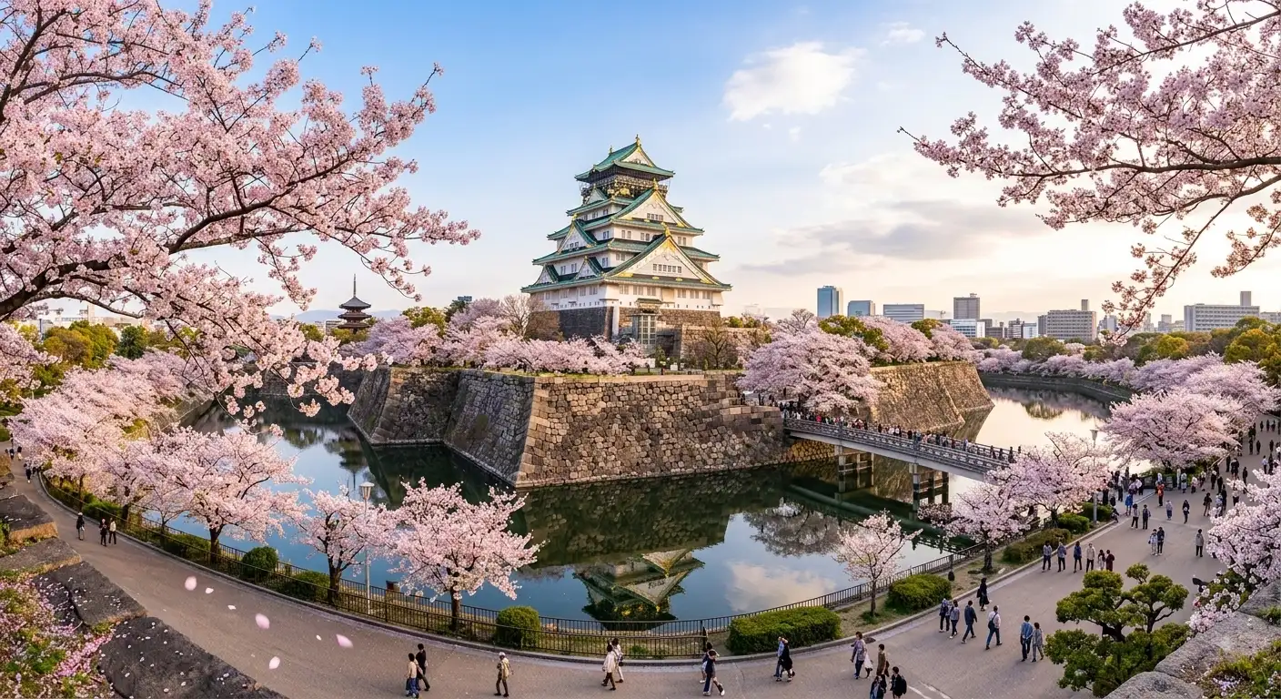 Osaka Castle surrounded by cherry blossoms in Japan