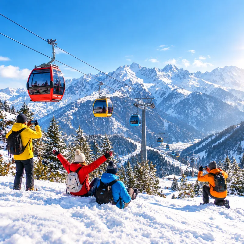 Tourists enjoying snow and cable cars at Shymbulak near Almaty, Kazakhstan - Almaty tour package from India
