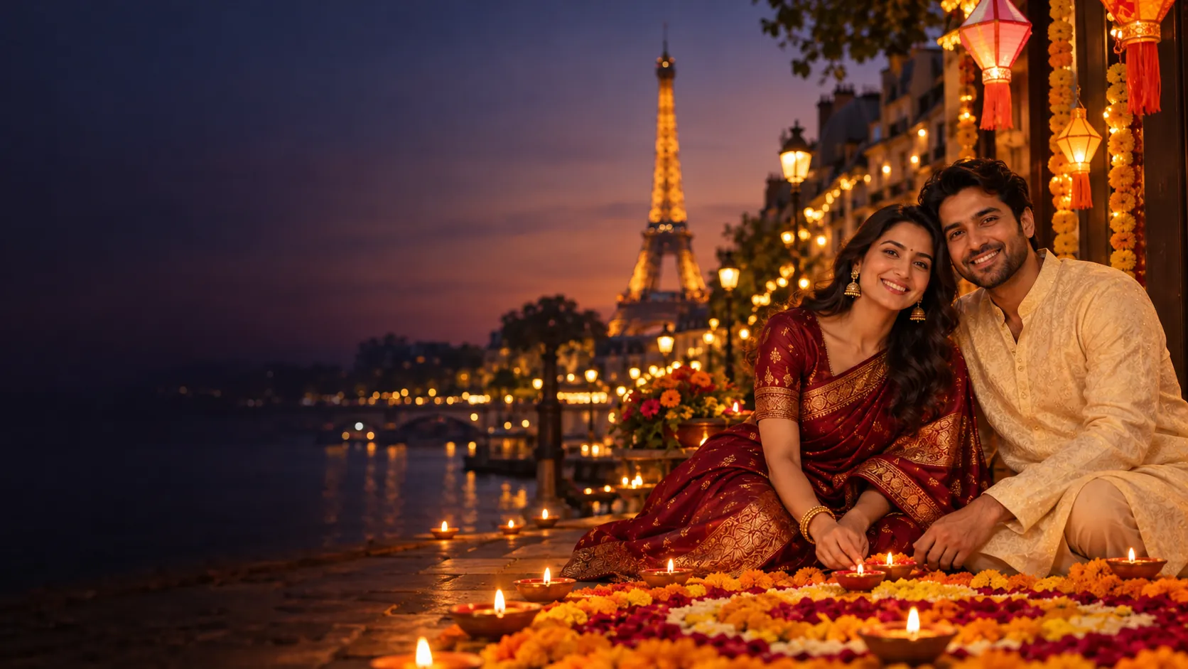 Indian couple celebrating Diwali in Paris with diyas and rangoli