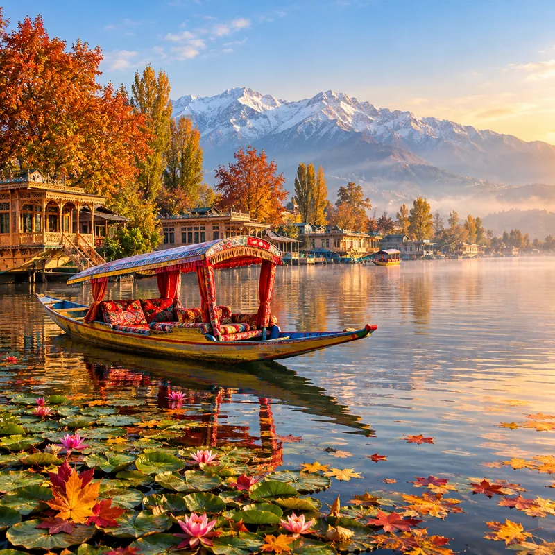 Shikara on Dal Lake with houseboats and Chinar trees in autumn, Srinagar - Kashmir tour package