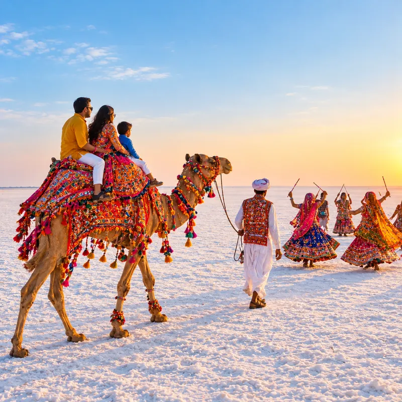 Family on a decorated camel ride with garba dancers on the White Rann of Kutch, Gujarat - Rann of Kutch tour package