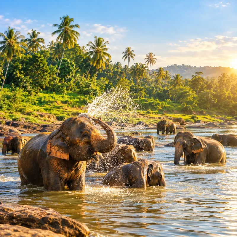 Elephants bathing in the river at Pinnawala, Sri Lanka - Sri Lanka tour package from India
