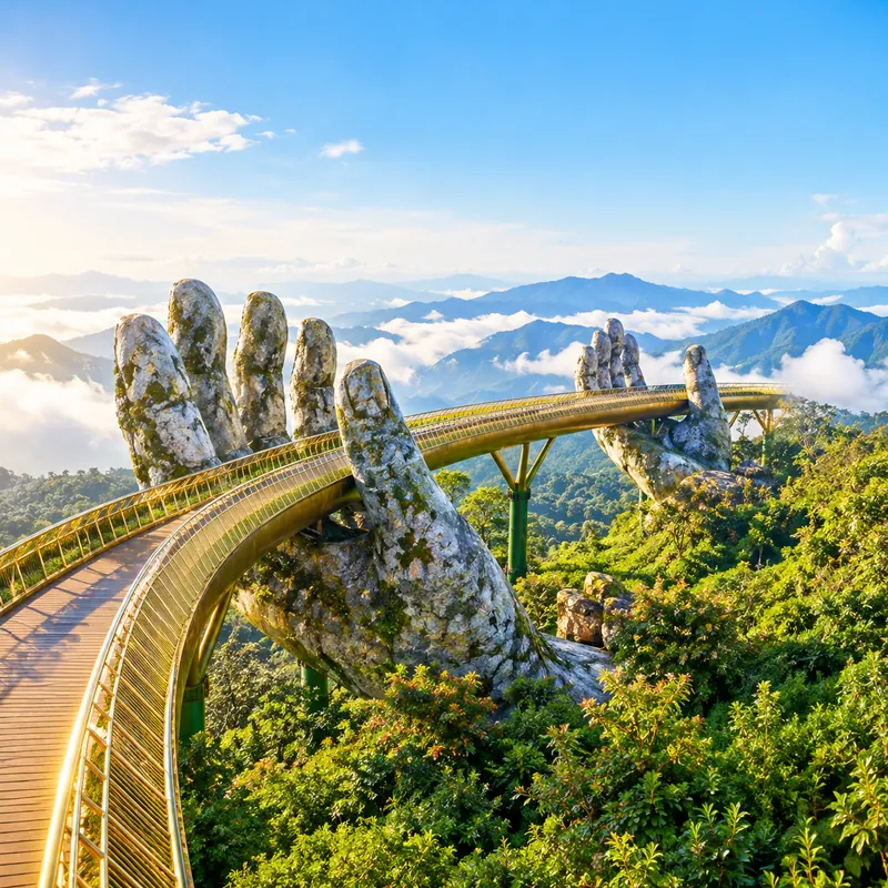 Golden Bridge held by giant stone hands at Ba Na Hills, Da Nang - Vietnam tour package from India